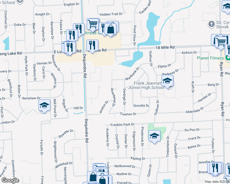 map of restaurants, bars, coffee shops, grocery stores, and more near 40504 Boyer Court in Sterling Heights