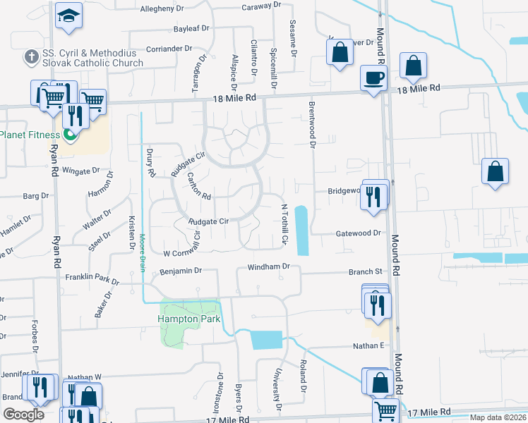 map of restaurants, bars, coffee shops, grocery stores, and more near 40002 North Tothill Circle in Sterling Heights