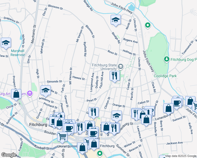 map of restaurants, bars, coffee shops, grocery stores, and more near 76 Dudley Street in Fitchburg
