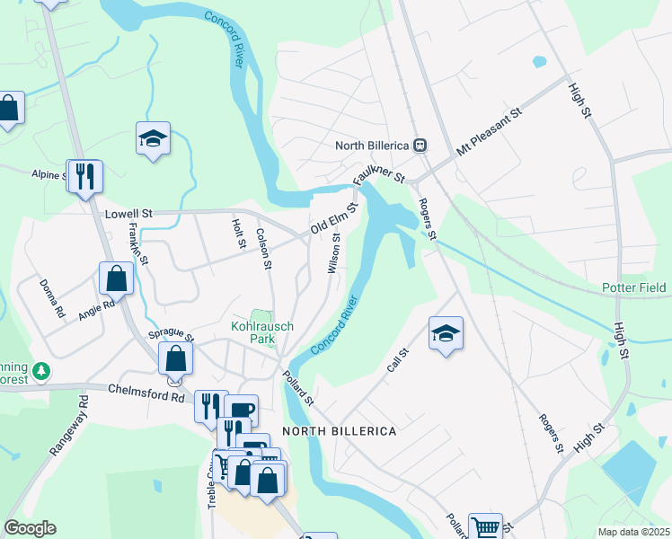 map of restaurants, bars, coffee shops, grocery stores, and more near 20-22 Wilson Street in Billerica