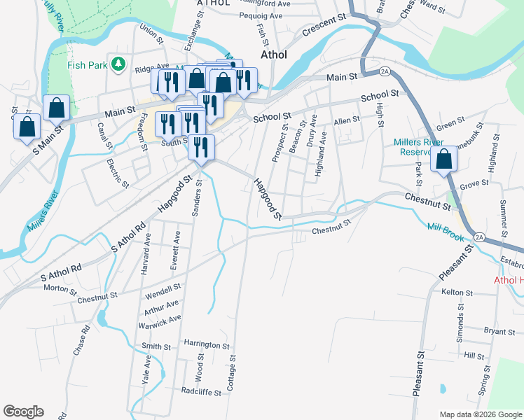 map of restaurants, bars, coffee shops, grocery stores, and more near 292 Cottage Street in Athol