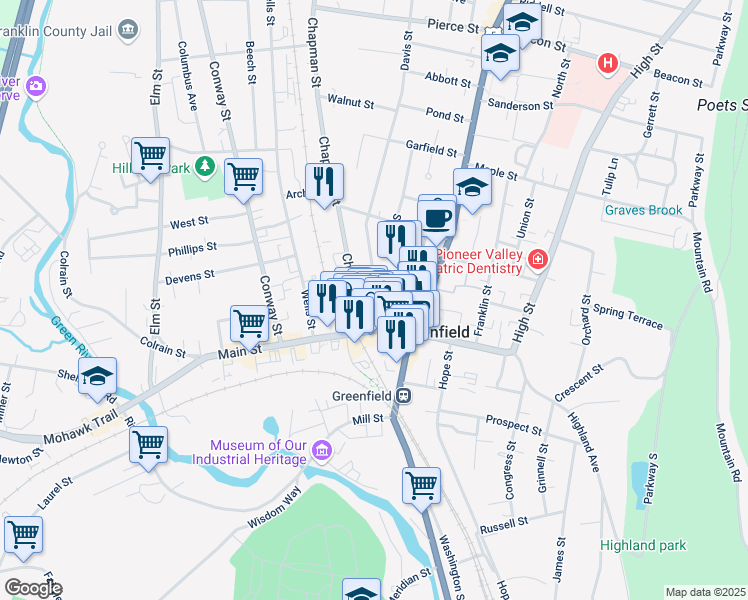 map of restaurants, bars, coffee shops, grocery stores, and more near 51 Davis Street in Greenfield