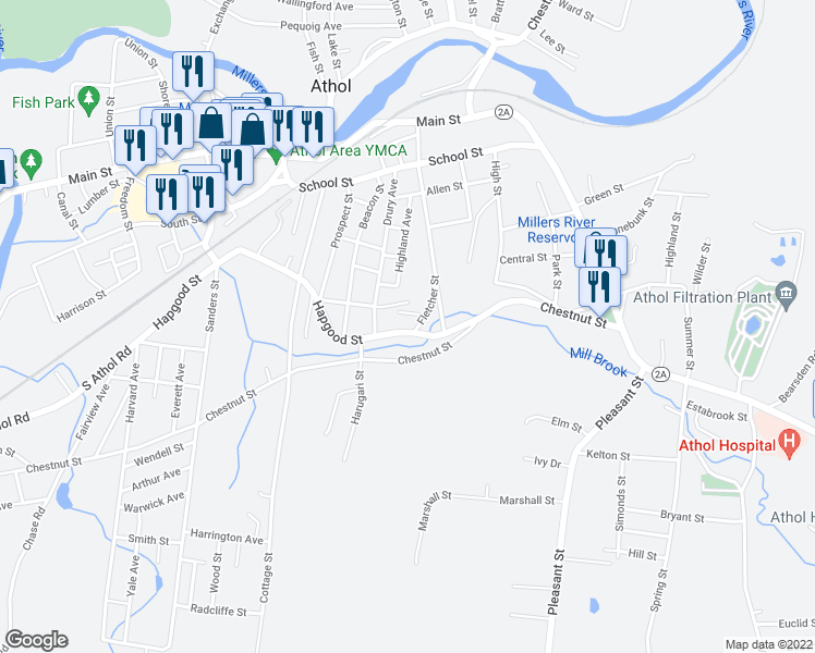 map of restaurants, bars, coffee shops, grocery stores, and more near 596 Hapgood Street in Athol