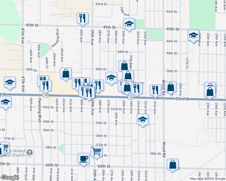 map of restaurants, bars, coffee shops, grocery stores, and more near 3600 52nd Street in Kenosha