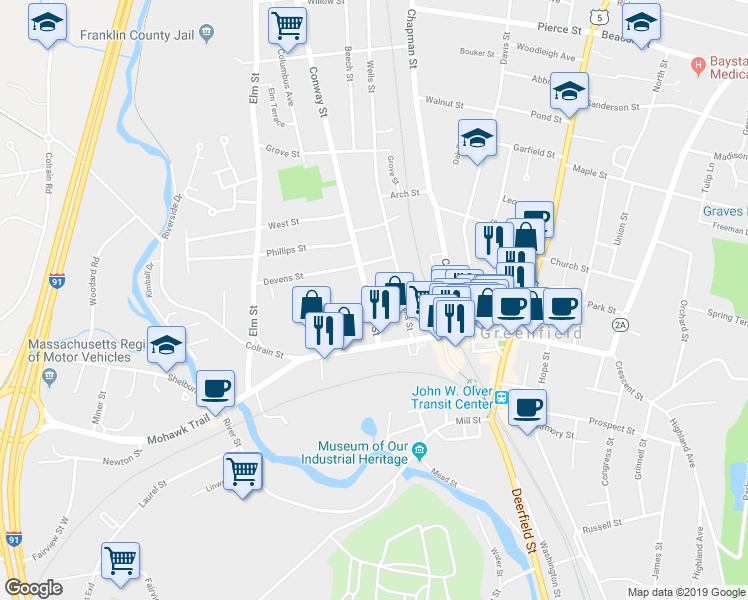 map of restaurants, bars, coffee shops, grocery stores, and more near 49 Conway Street in Greenfield