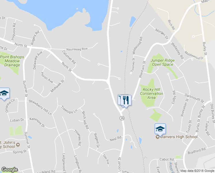 map of restaurants, bars, coffee shops, grocery stores, and more near 256 Locust Street in Danvers