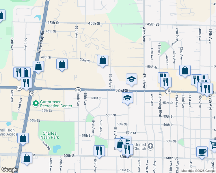map of restaurants, bars, coffee shops, grocery stores, and more near 5200 52nd Street in Kenosha