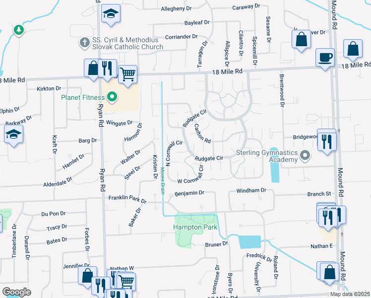 map of restaurants, bars, coffee shops, grocery stores, and more near 40083 Canvey Court in Sterling Heights