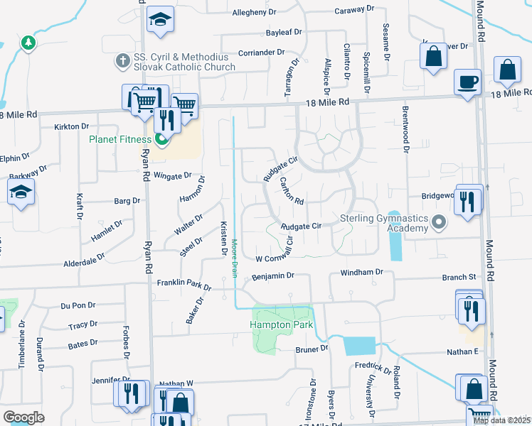 map of restaurants, bars, coffee shops, grocery stores, and more near 40083 Canvey Court in Sterling Heights