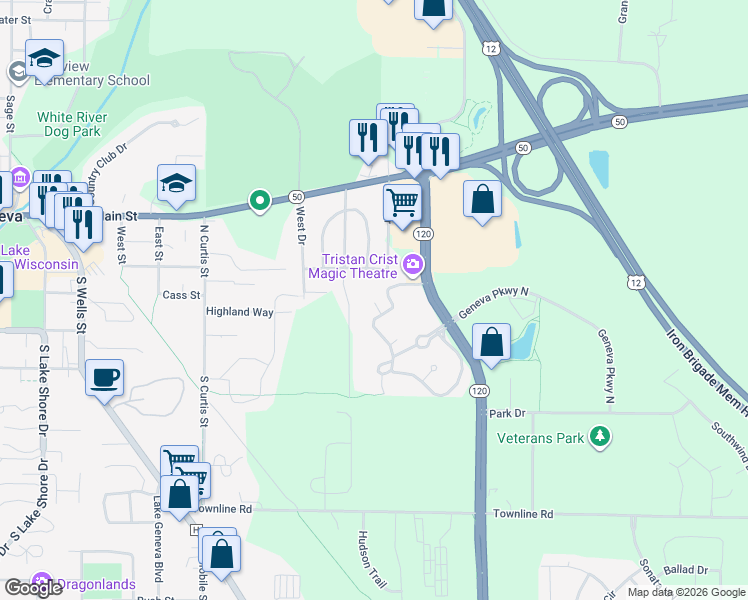 map of restaurants, bars, coffee shops, grocery stores, and more near 7243 Lawton Avenue in Lake Geneva