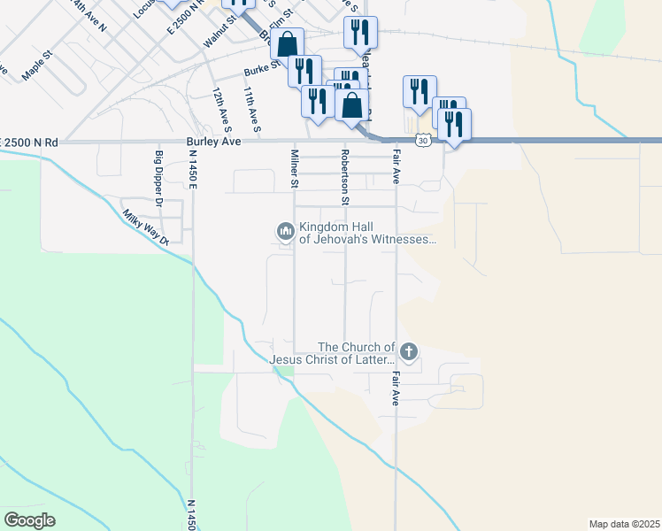 map of restaurants, bars, coffee shops, grocery stores, and more near 910 Robertson Street in Buhl