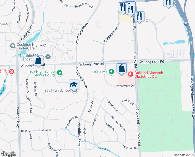 map of restaurants, bars, coffee shops, grocery stores, and more near 1301 West Long Lake Road in Troy