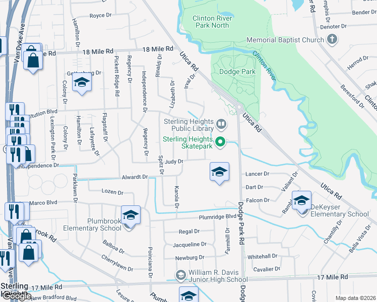 map of restaurants, bars, coffee shops, grocery stores, and more near 40171 Diane Drive in Sterling Heights