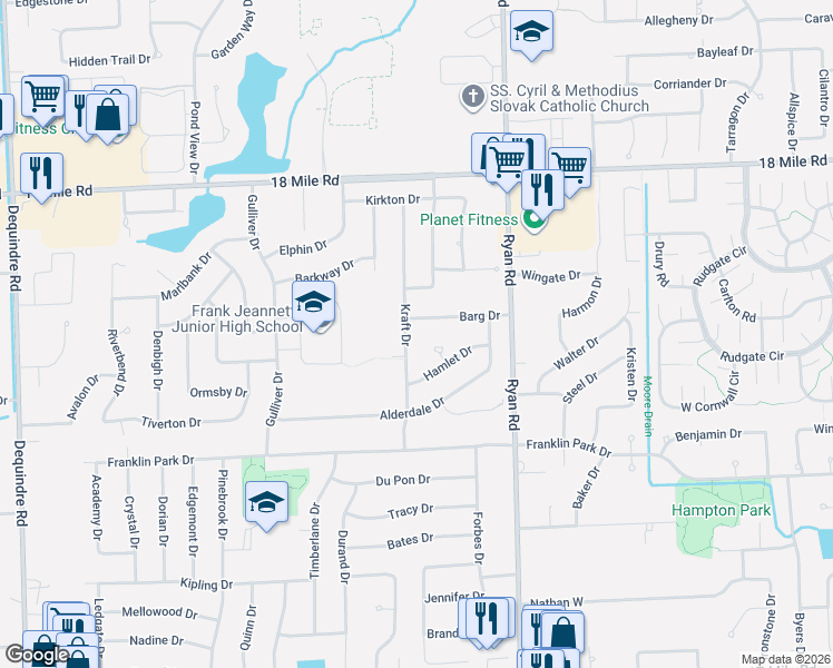 map of restaurants, bars, coffee shops, grocery stores, and more near 3527 Barg Drive in Sterling Heights