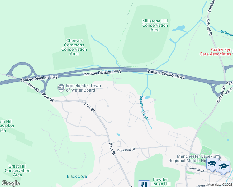 map of restaurants, bars, coffee shops, grocery stores, and more near 122 Old Essex Road in Manchester-by-the-Sea