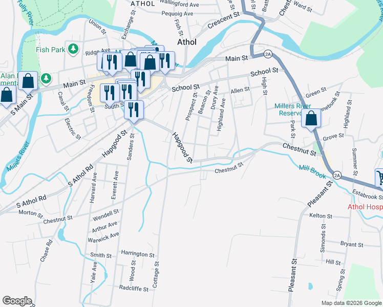 map of restaurants, bars, coffee shops, grocery stores, and more near 25 Cheney Street in Athol