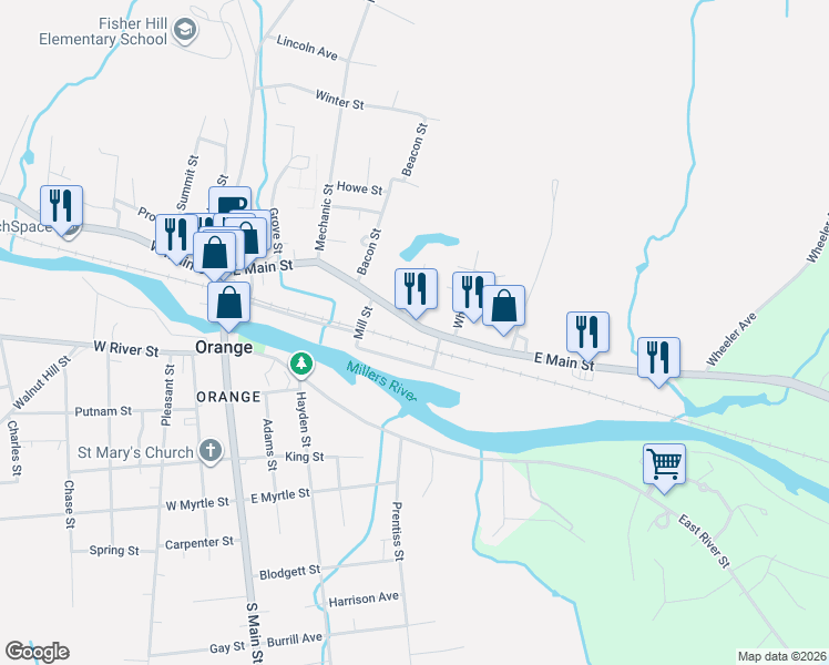 map of restaurants, bars, coffee shops, grocery stores, and more near 179 East Main Street in Orange
