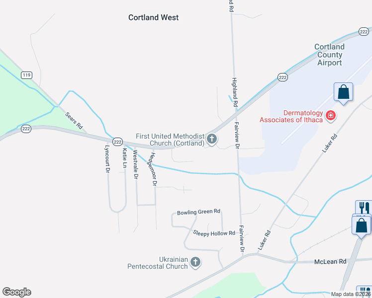 map of restaurants, bars, coffee shops, grocery stores, and more near 720 New York 222 in Cortland