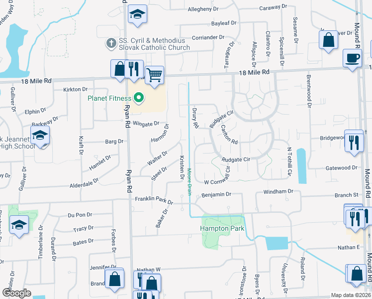 map of restaurants, bars, coffee shops, grocery stores, and more near 40055 Ransley Court in Sterling Heights