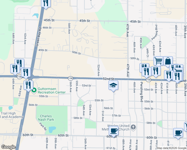 map of restaurants, bars, coffee shops, grocery stores, and more near 5200 52nd Street in Kenosha