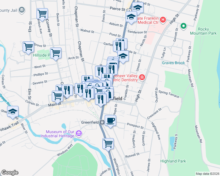 map of restaurants, bars, coffee shops, grocery stores, and more near 40 Federal Street in Greenfield