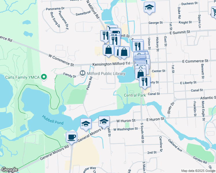 map of restaurants, bars, coffee shops, grocery stores, and more near 510 Highland Avenue in Milford Charter Township