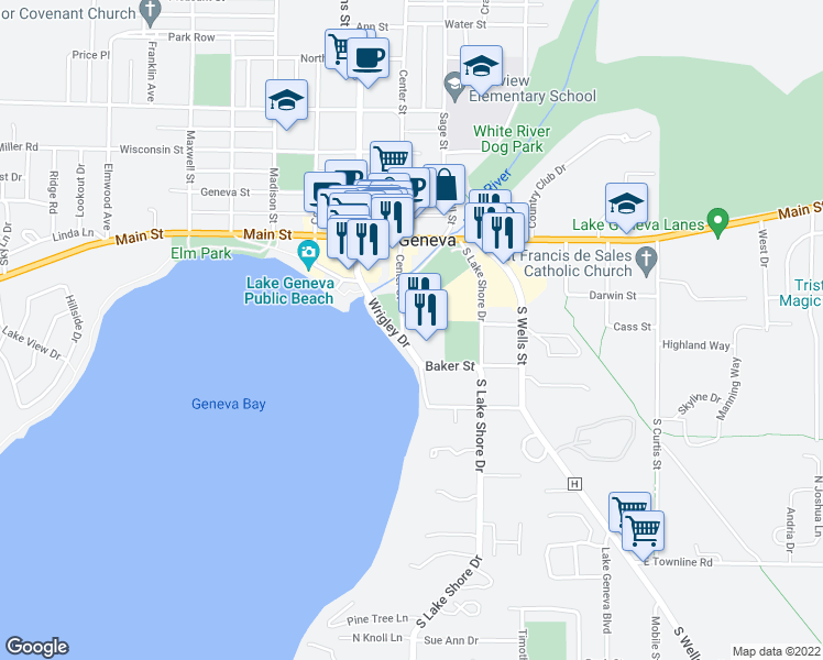 map of restaurants, bars, coffee shops, grocery stores, and more near 111 Center Street in Lake Geneva