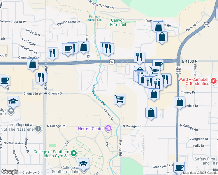 map of restaurants, bars, coffee shops, grocery stores, and more near 450 Pole Line Road East in Twin Falls