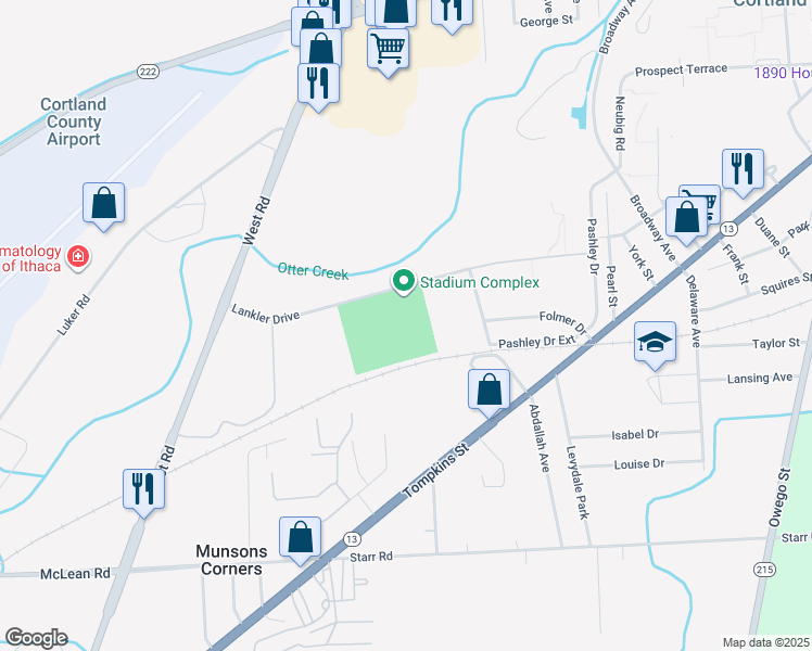 map of restaurants, bars, coffee shops, grocery stores, and more near 1096 Folmer Drive in Cortland