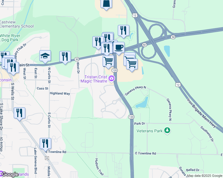 map of restaurants, bars, coffee shops, grocery stores, and more near 100 North Edwards Boulevard in Lake Geneva