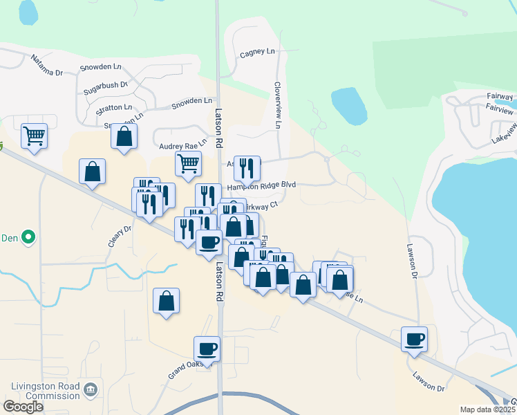 map of restaurants, bars, coffee shops, grocery stores, and more near Kirkway Court in Howell