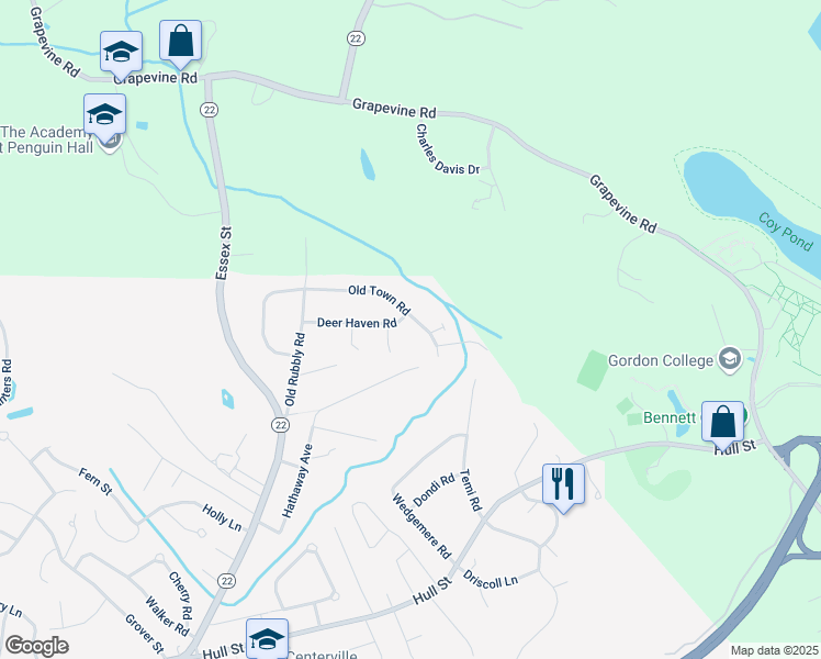 map of restaurants, bars, coffee shops, grocery stores, and more near 18 Old Town Road in Beverly