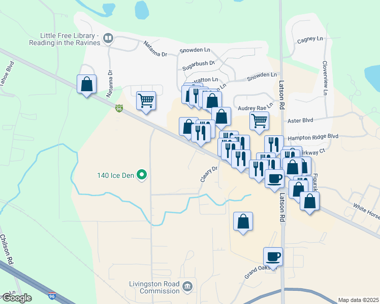 map of restaurants, bars, coffee shops, grocery stores, and more near 3598 East Grand River Avenue in Howell