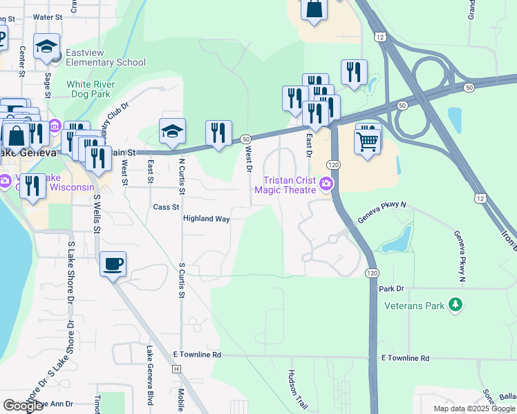 map of restaurants, bars, coffee shops, grocery stores, and more near 3209 West Drive in Lake Geneva