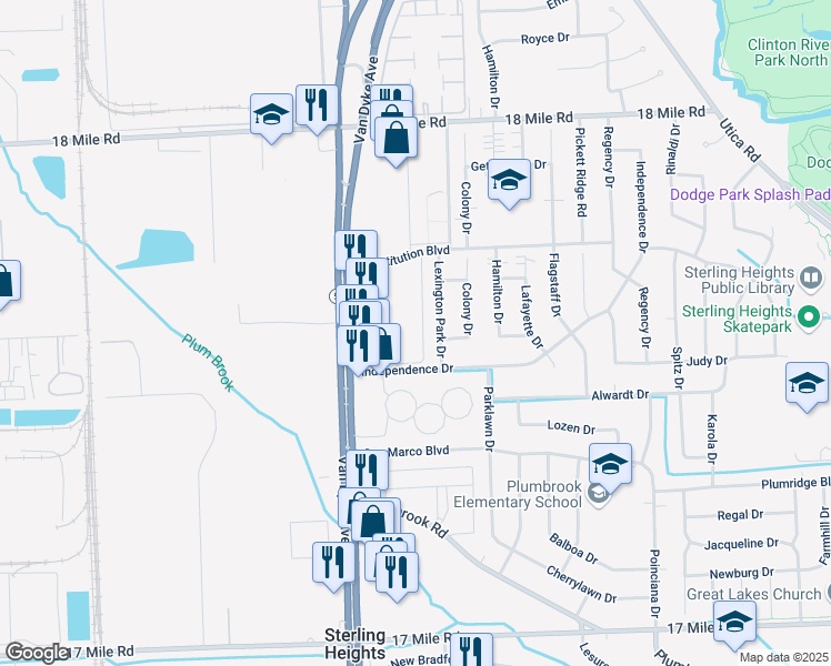 map of restaurants, bars, coffee shops, grocery stores, and more near 8135 Independence Drive in Sterling Heights