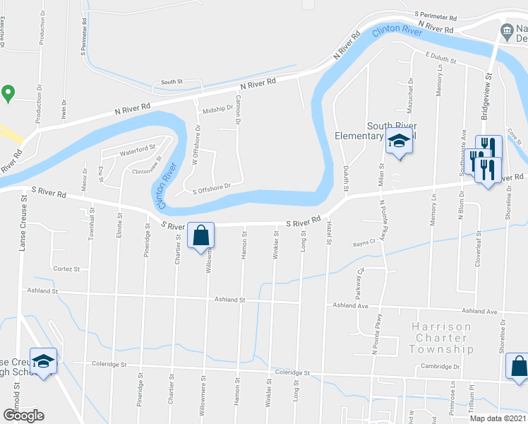 map of restaurants, bars, coffee shops, grocery stores, and more near 26905 South River Road in Harrison Township