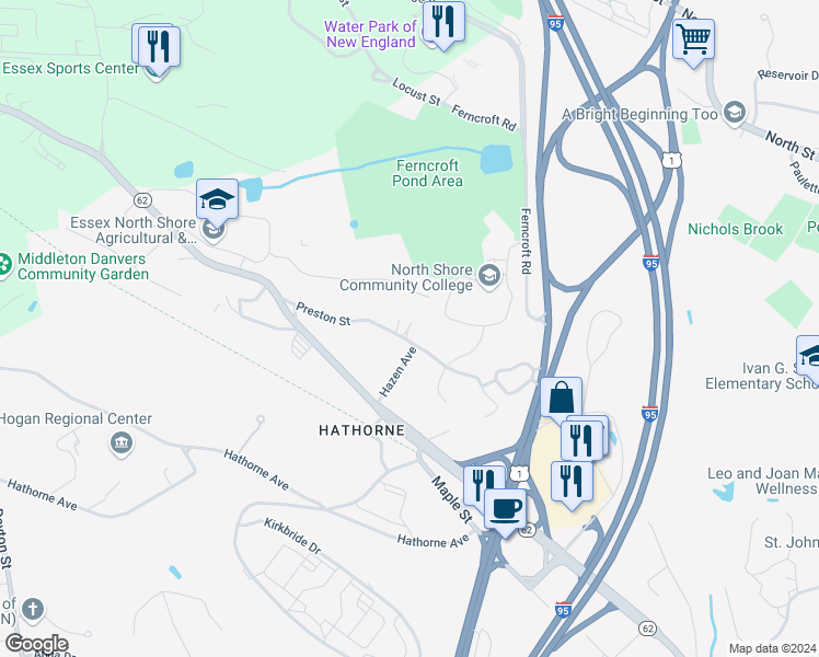 map of restaurants, bars, coffee shops, grocery stores, and more near 42 Preston Street in Danvers
