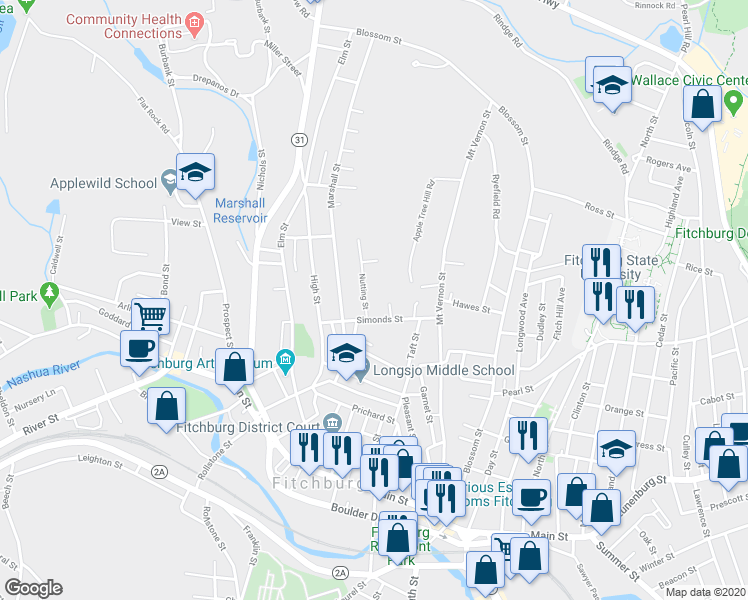 map of restaurants, bars, coffee shops, grocery stores, and more near 18 Nutting Street in Fitchburg