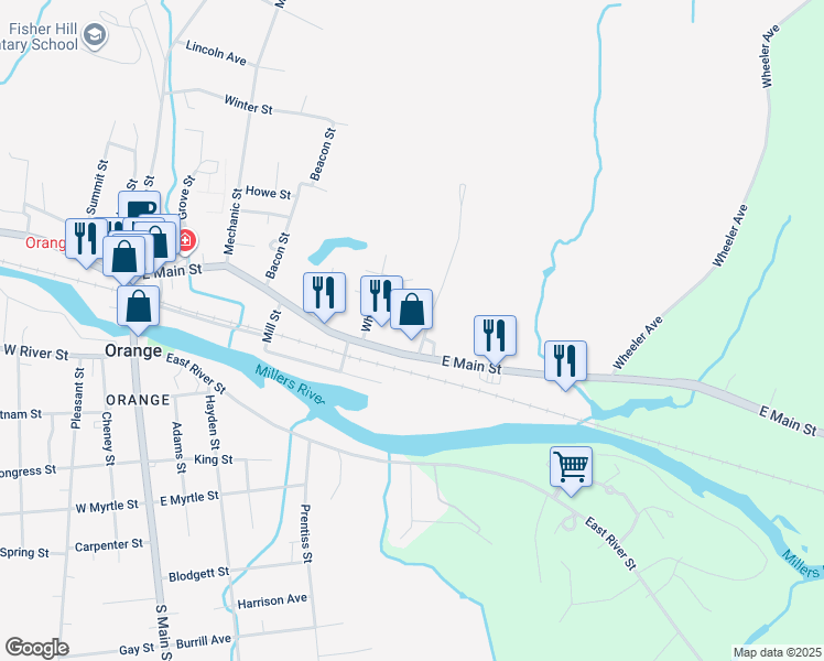 map of restaurants, bars, coffee shops, grocery stores, and more near 23 Jones Street in Orange