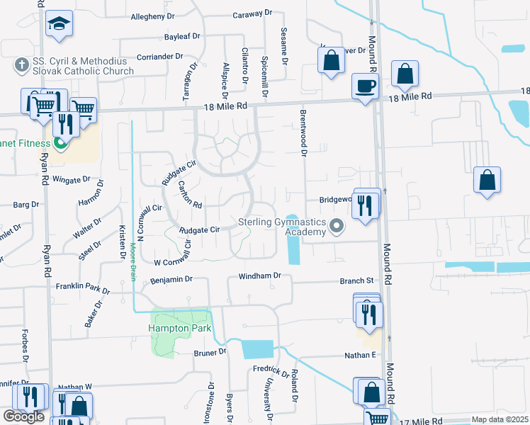 map of restaurants, bars, coffee shops, grocery stores, and more near 40002 North Tothill Circle in Sterling Heights