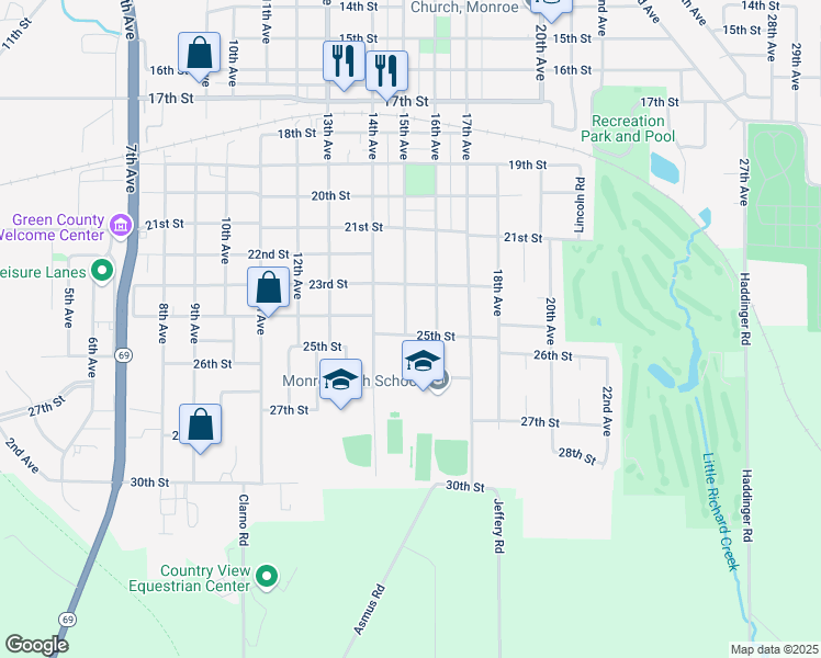 map of restaurants, bars, coffee shops, grocery stores, and more near 2334 15th Avenue in Monroe