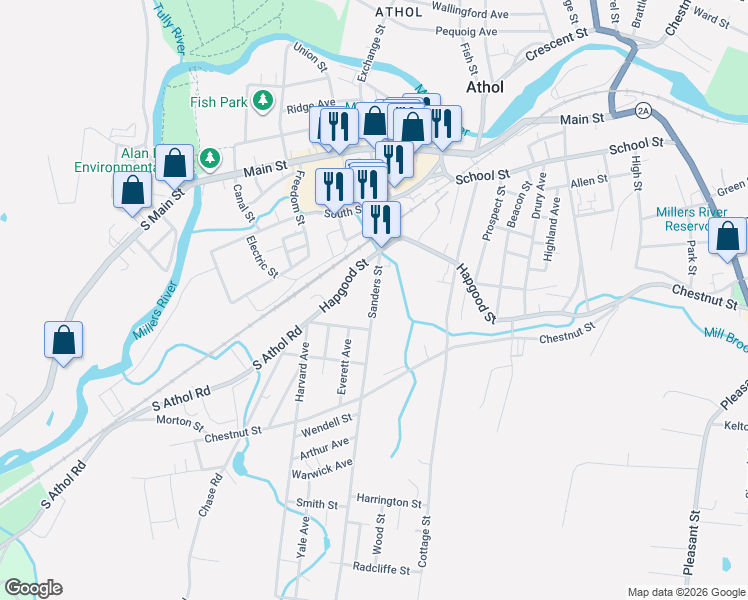 map of restaurants, bars, coffee shops, grocery stores, and more near 110 Sanders Street in Athol