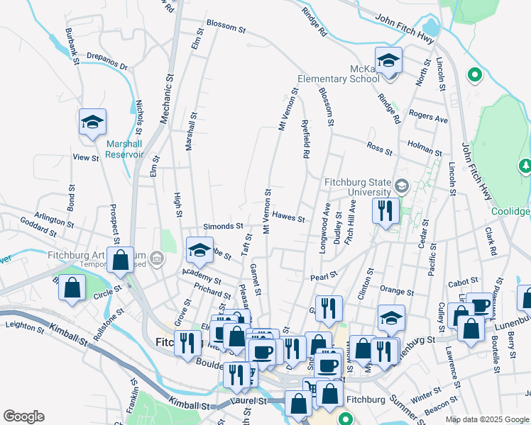 map of restaurants, bars, coffee shops, grocery stores, and more near 143 Mount Vernon Street in Fitchburg
