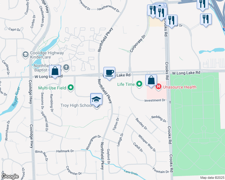 map of restaurants, bars, coffee shops, grocery stores, and more near 4850 Northfield Parkway in Troy