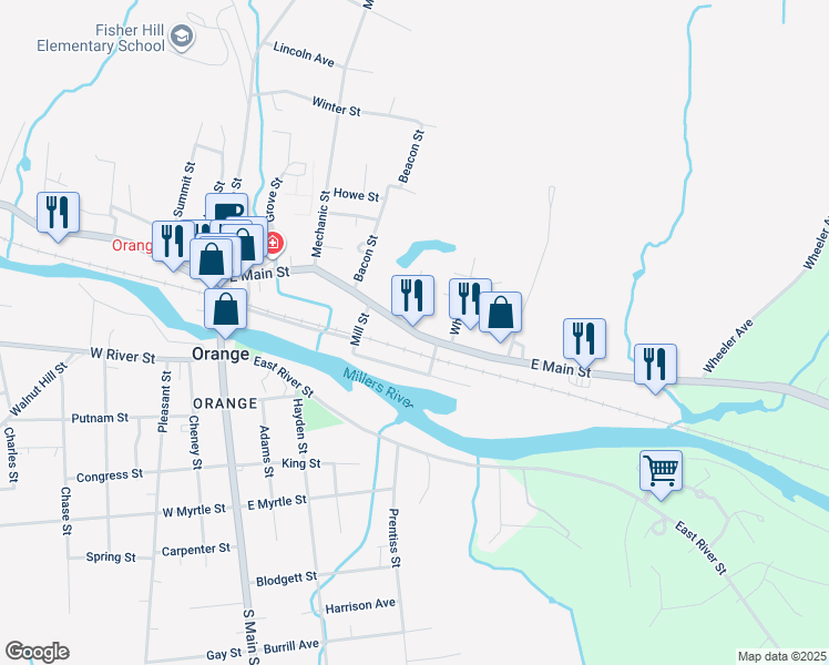 map of restaurants, bars, coffee shops, grocery stores, and more near 179 East Main Street in Orange