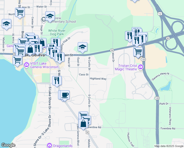 map of restaurants, bars, coffee shops, grocery stores, and more near 105 North Curtis Street in Lake Geneva