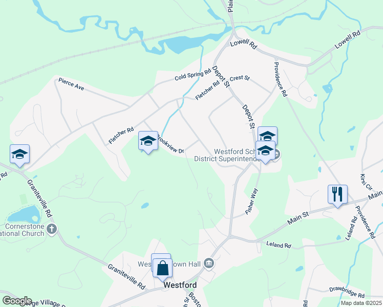 map of restaurants, bars, coffee shops, grocery stores, and more near 3 Brookview Drive in Westford