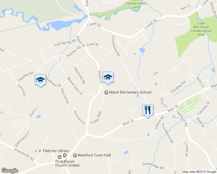 map of restaurants, bars, coffee shops, grocery stores, and more near 11-99 Academy Dr in Westford