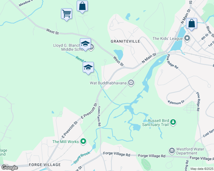 map of restaurants, bars, coffee shops, grocery stores, and more near 130 North Main Street in Westford