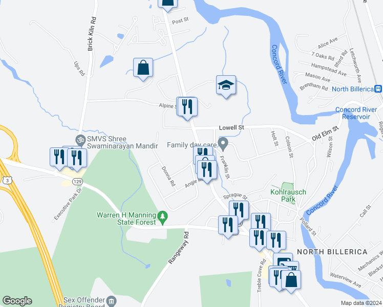 map of restaurants, bars, coffee shops, grocery stores, and more near 3 Forest Park Ave in North Billerica